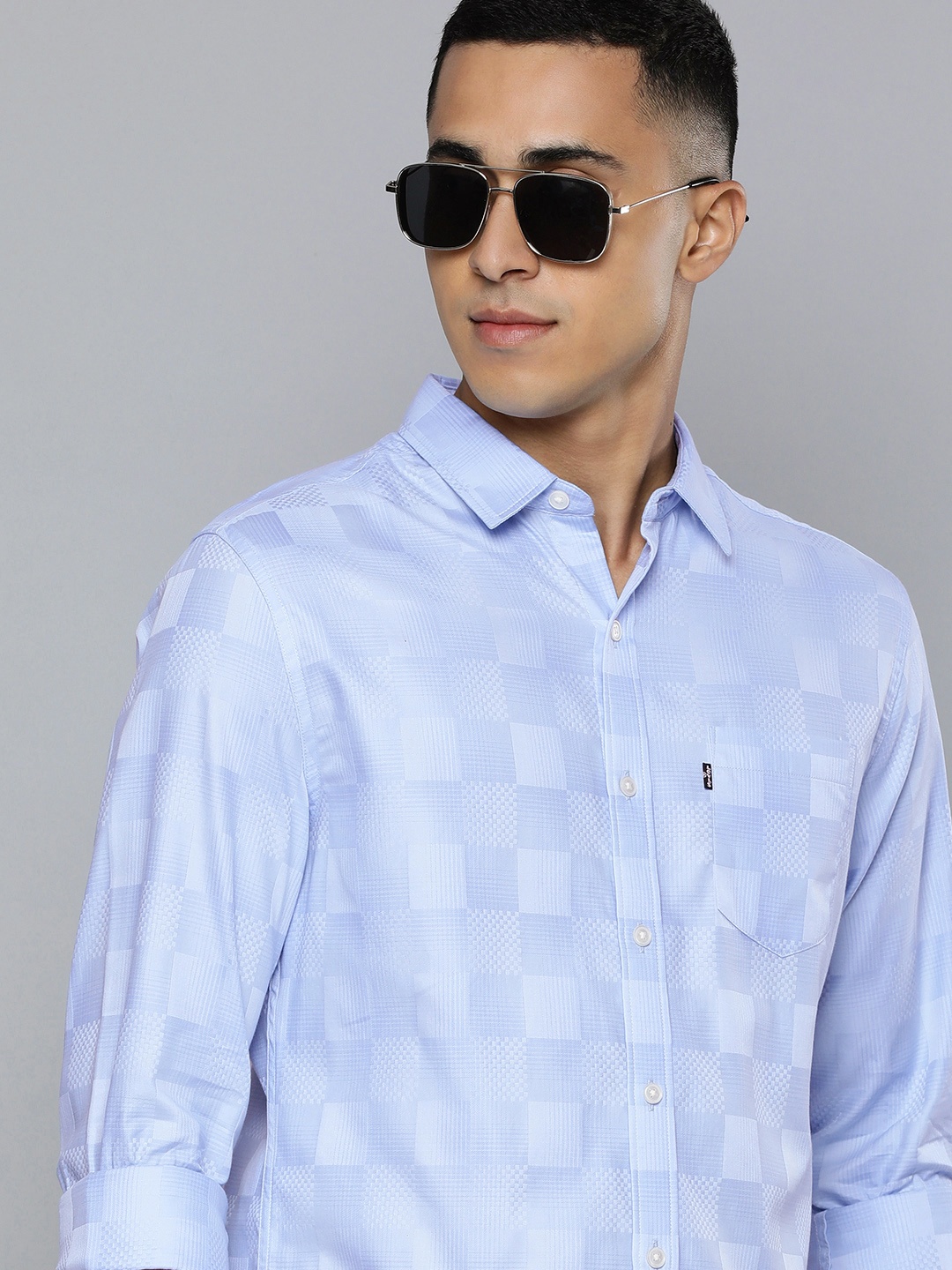 

Levis Men Light Blue Slim Fit Checked Pure Cotton Casual Shirt