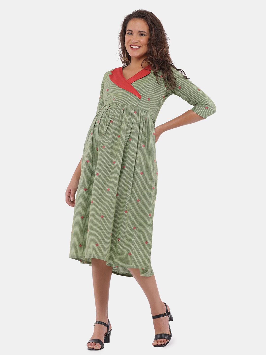 

The Mom Store Green Striped Maternity A-Line Midi Dress
