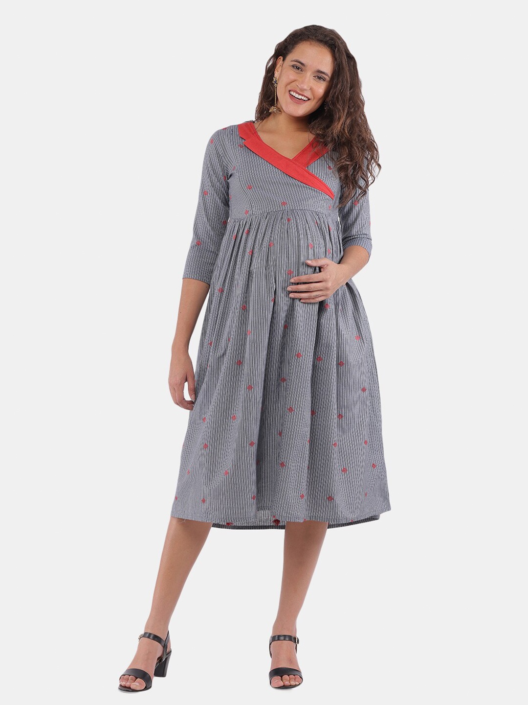 

The Mom Store Grey Striped Embroidered Maternity and Feeding Kurta Dress