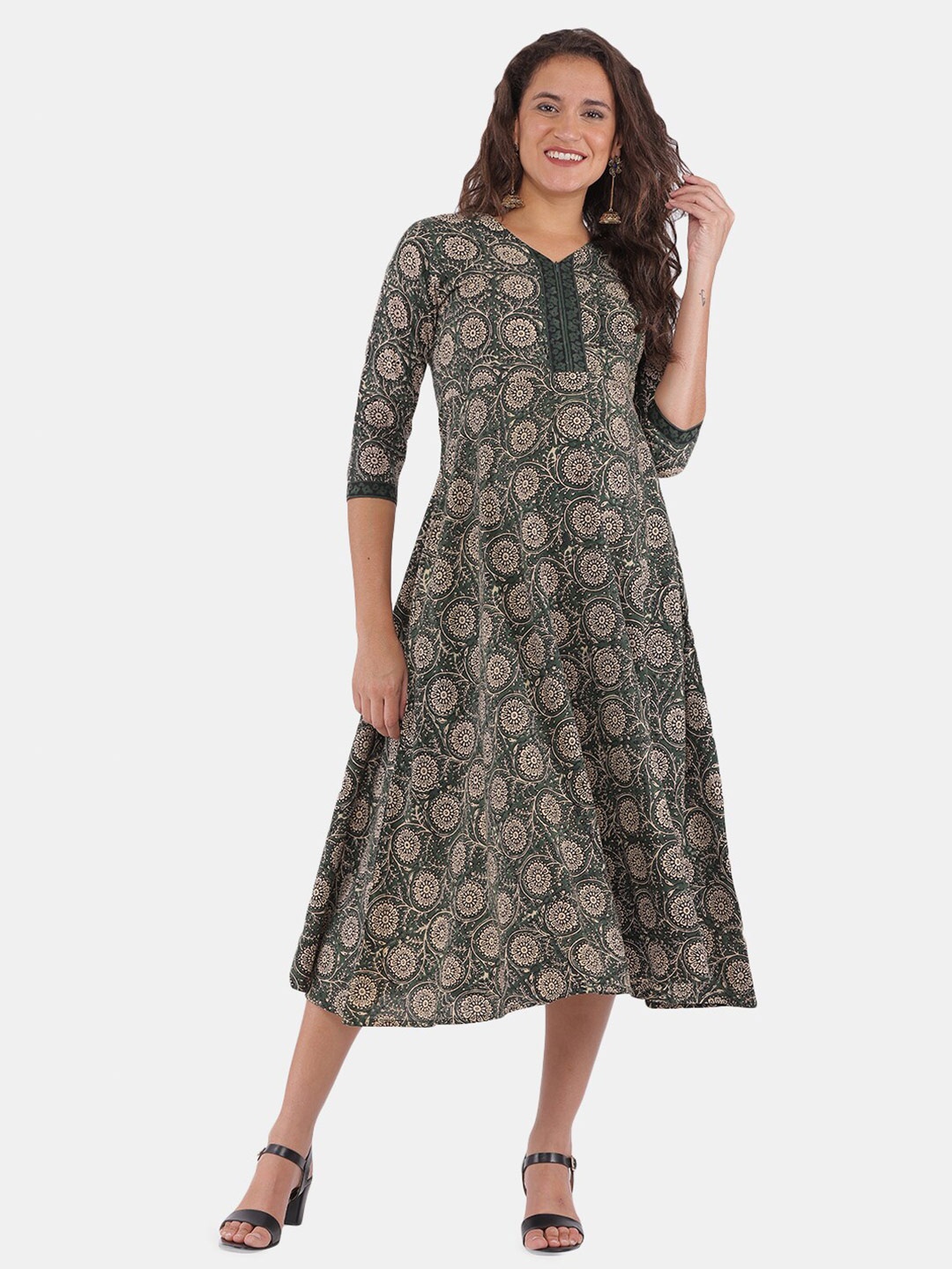 

The Mom Store Green & Beige Floral Maternity Empire Pure Cotton Midi Dress