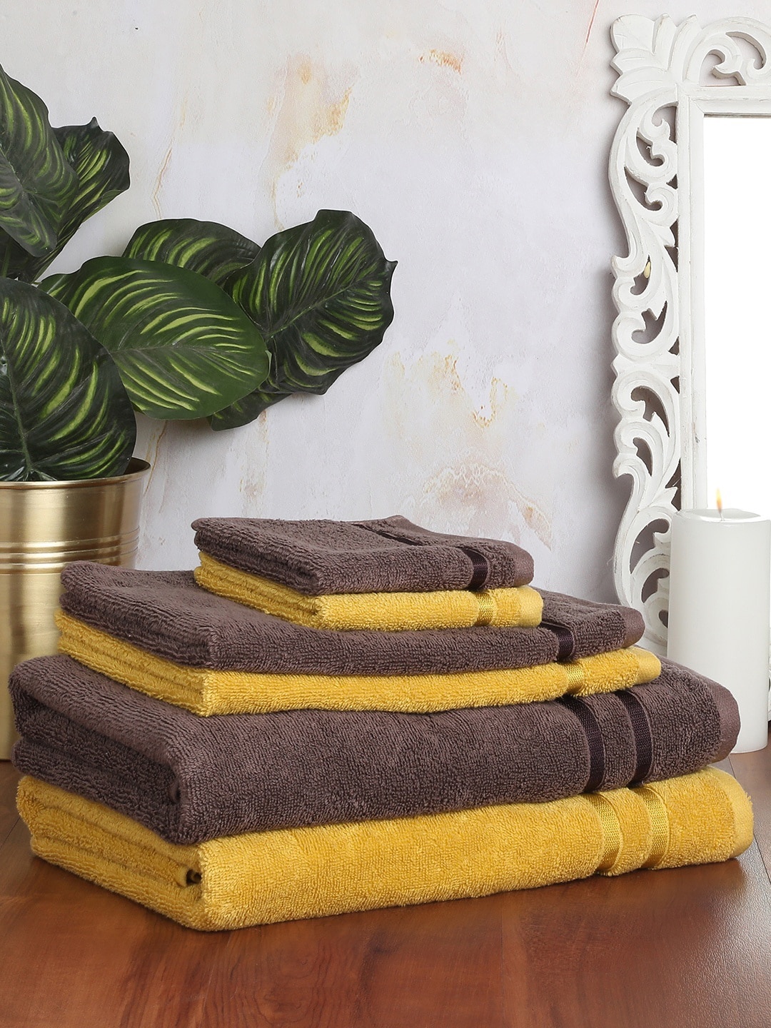 

SPACES Set Of 6 Solid 500 GSM Cotton Towel Set, Mustard