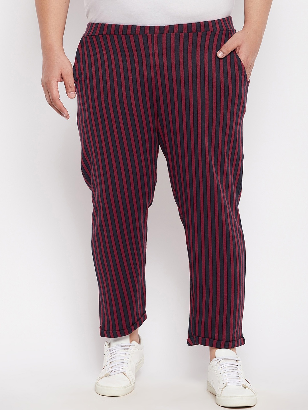 

AUSTIVO Men Maroon & Grey Striped Cotton Track Pants