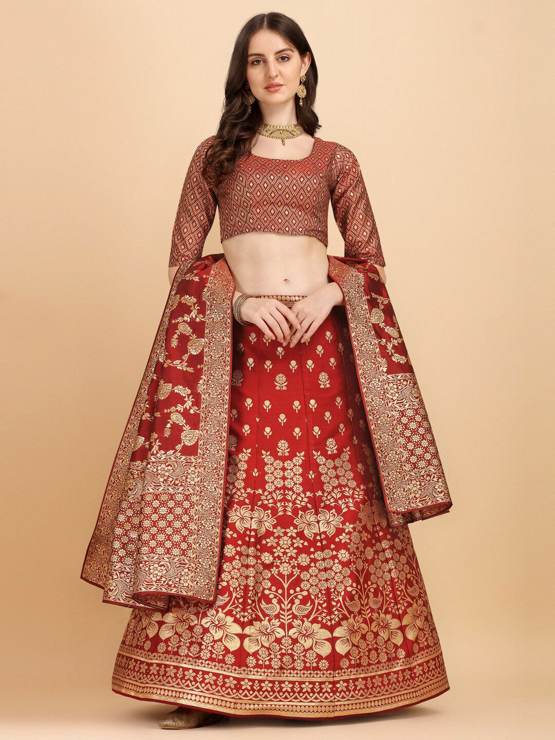 

HERE&NOW Maroon & Gold-Toned Semi-Stitched Lehenga & Unstitched Blouse With Dupatta