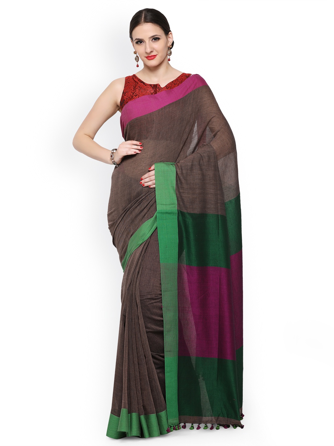 

Desi Weavess Brown Cotton & Linen Colourblocked Khadi Handloom Saree