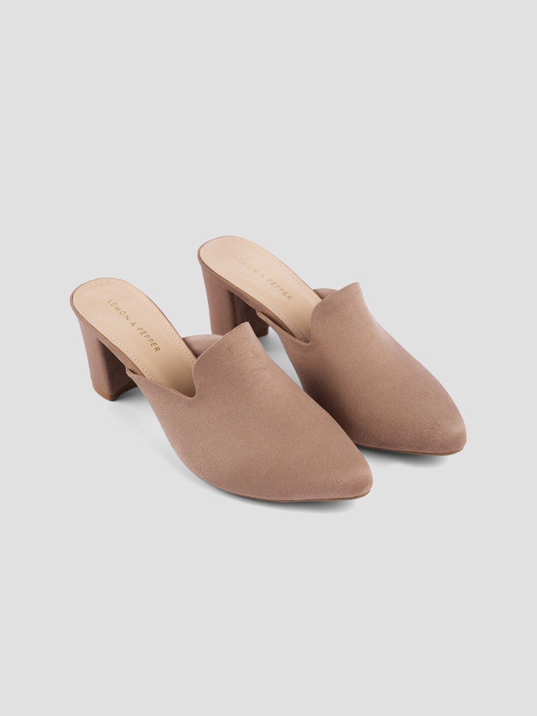 

LEMON & PEPPER Beige Suede Block Mules 2 Inch Heels