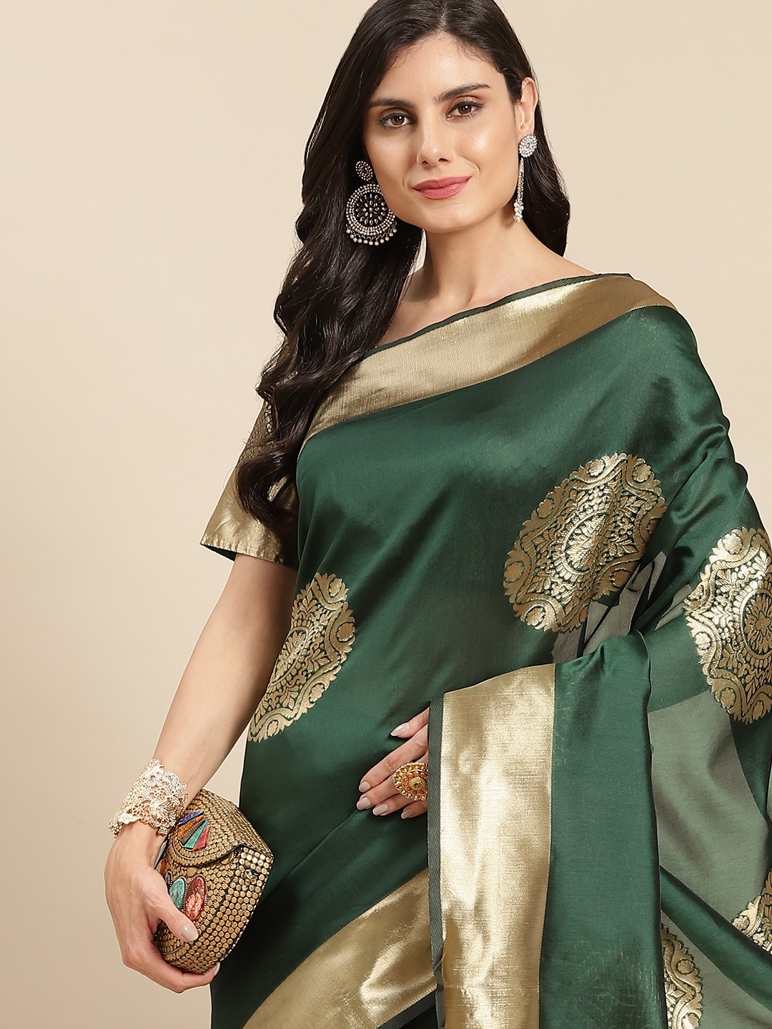 

all about you Green & Gold-Toned Ethnic Motifs Zari Silk Blend Banarasi Saree