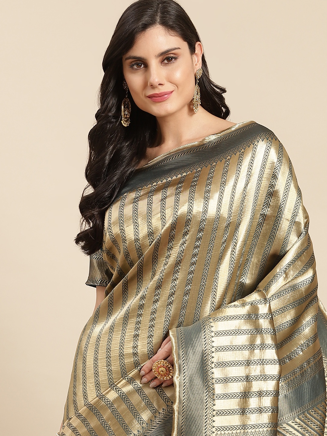 

all about you Green & Gold-Toned Striped Zari Silk Blend Banarasi Saree
