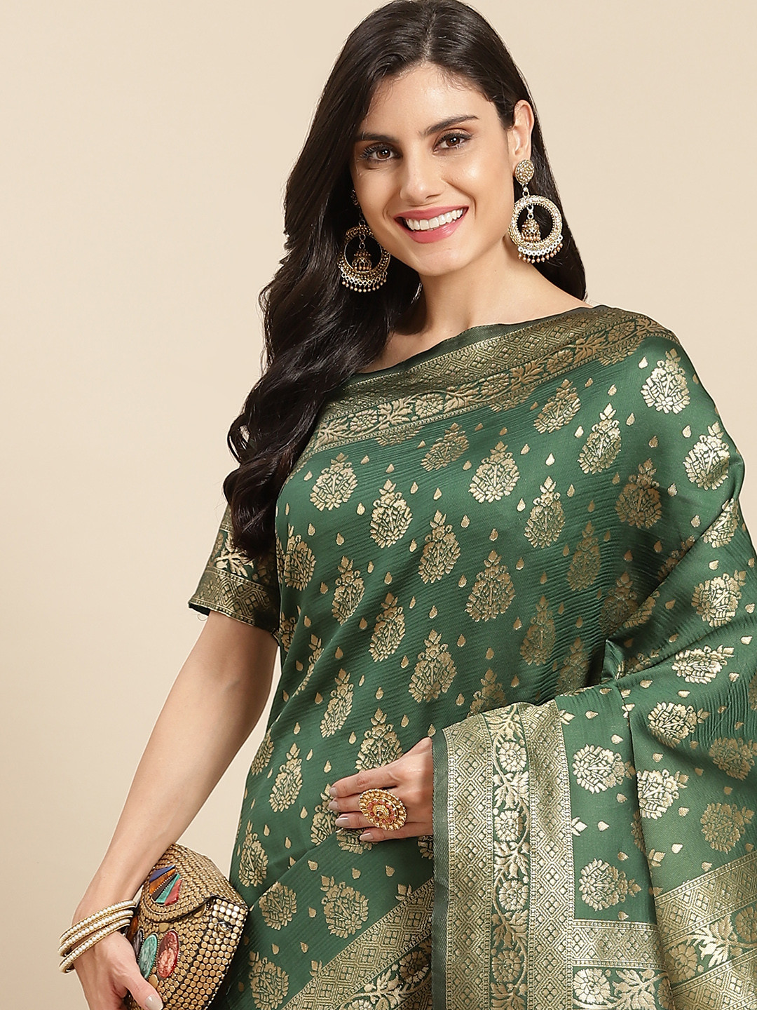 

all about you Green & Gold-Toned Ethnic Motifs Zari Silk Blend Banarasi Saree