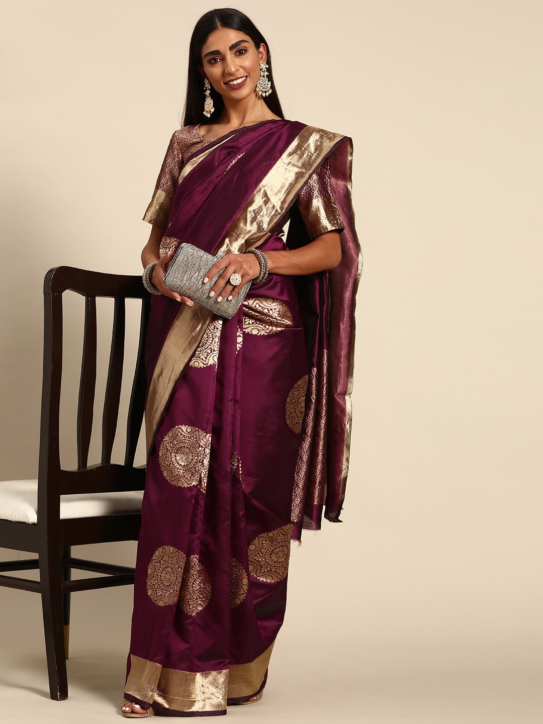 

all about you Purple & Golden Ethnic Motifs Zari Banarasi Saree