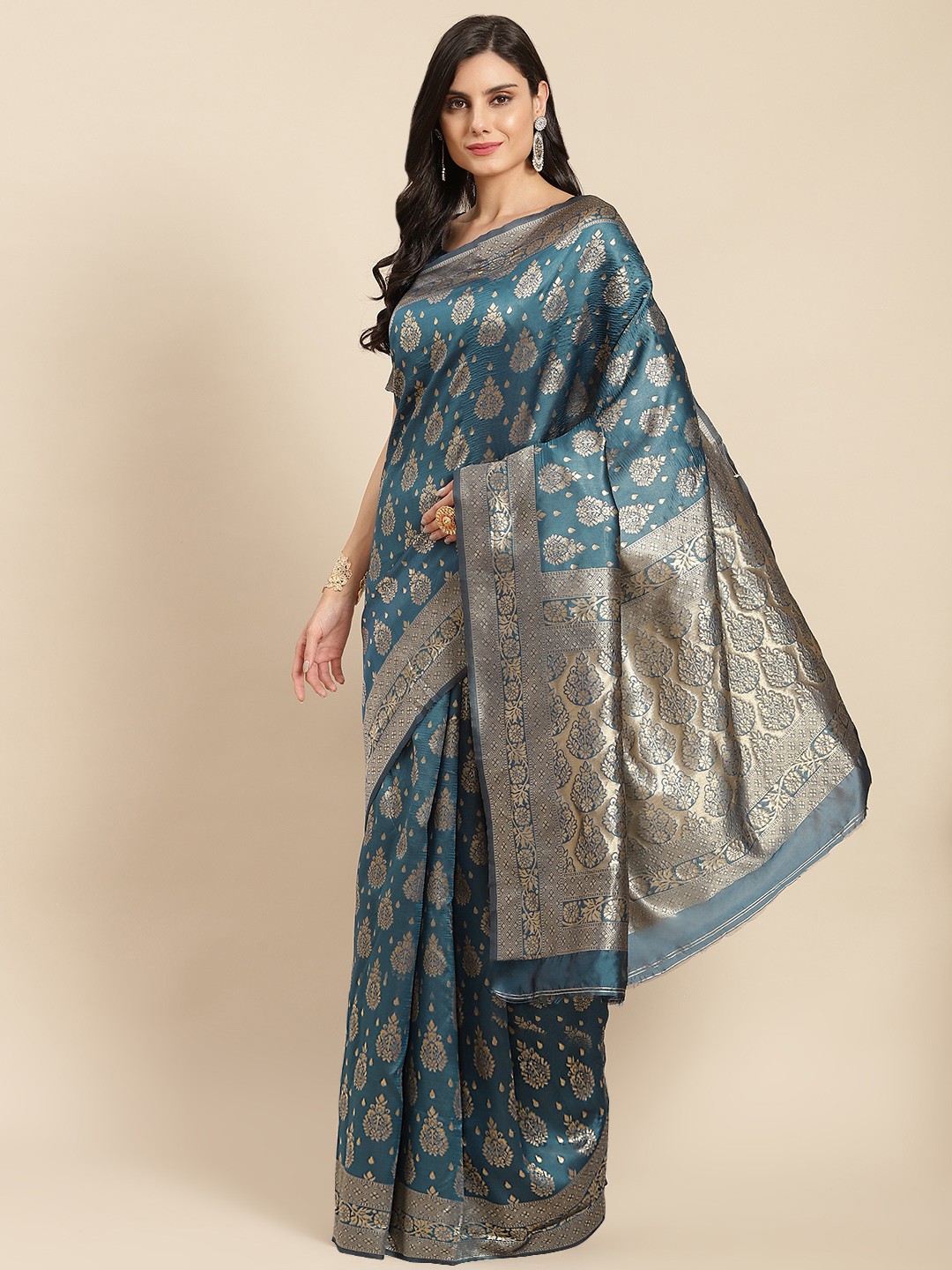 

all about you Teal & Gold-Toned Ethnic Motifs Zari Silk Blend Banarasi Saree