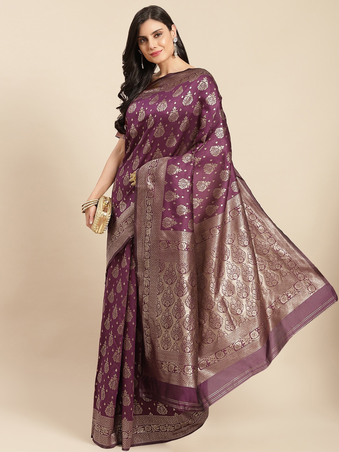 

all about you Purple & Gold-Toned Ethnic Motifs Zari Silk Blend Banarasi Saree