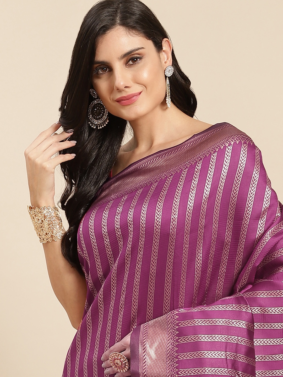 

all about you Pink & Gold-Toned Striped Zari Silk Blend Banarasi Saree