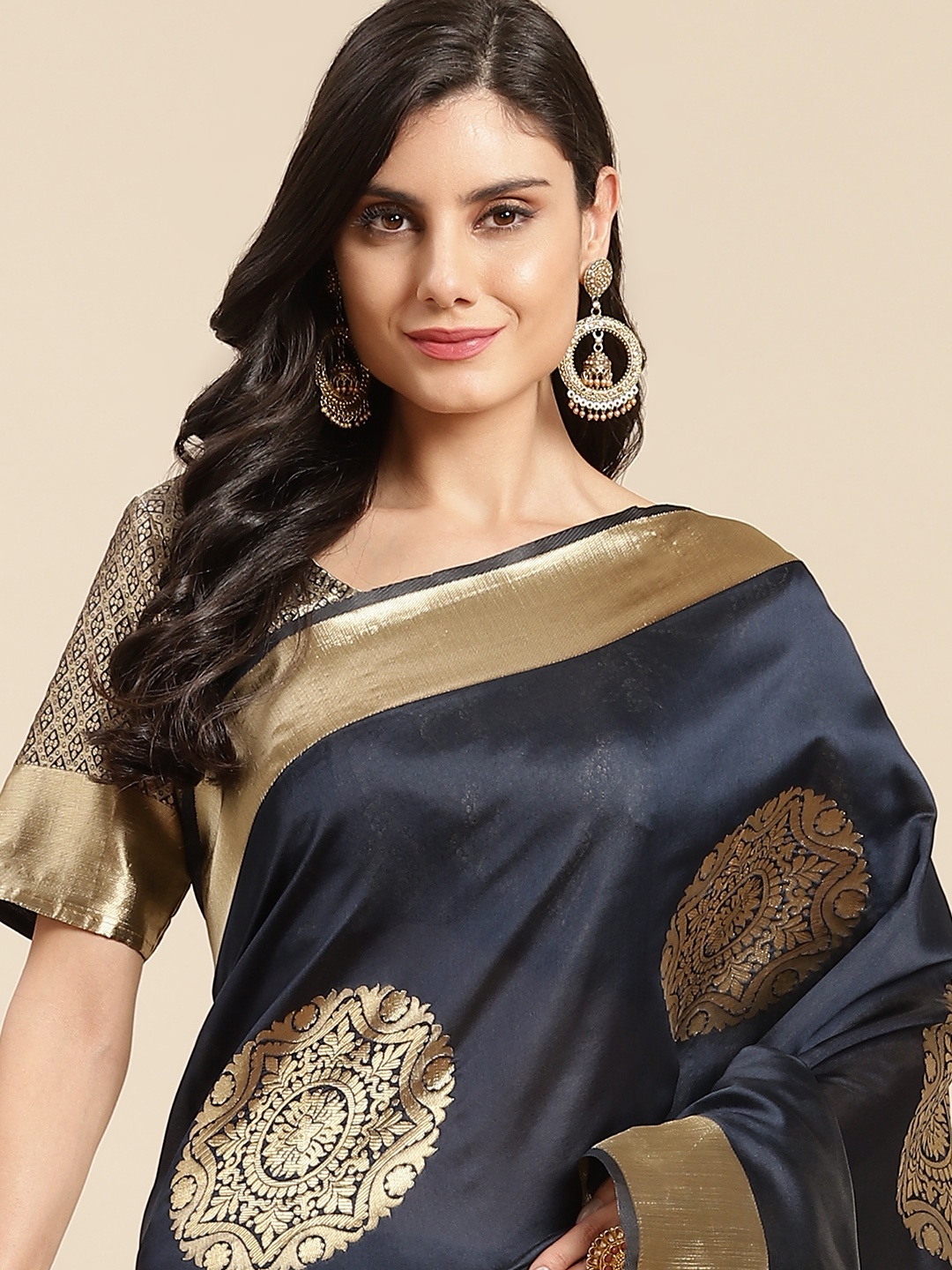 

all about you Navy Blue & Gold-Toned Ethnic Motifs Zari Silk Blend Banarasi Saree