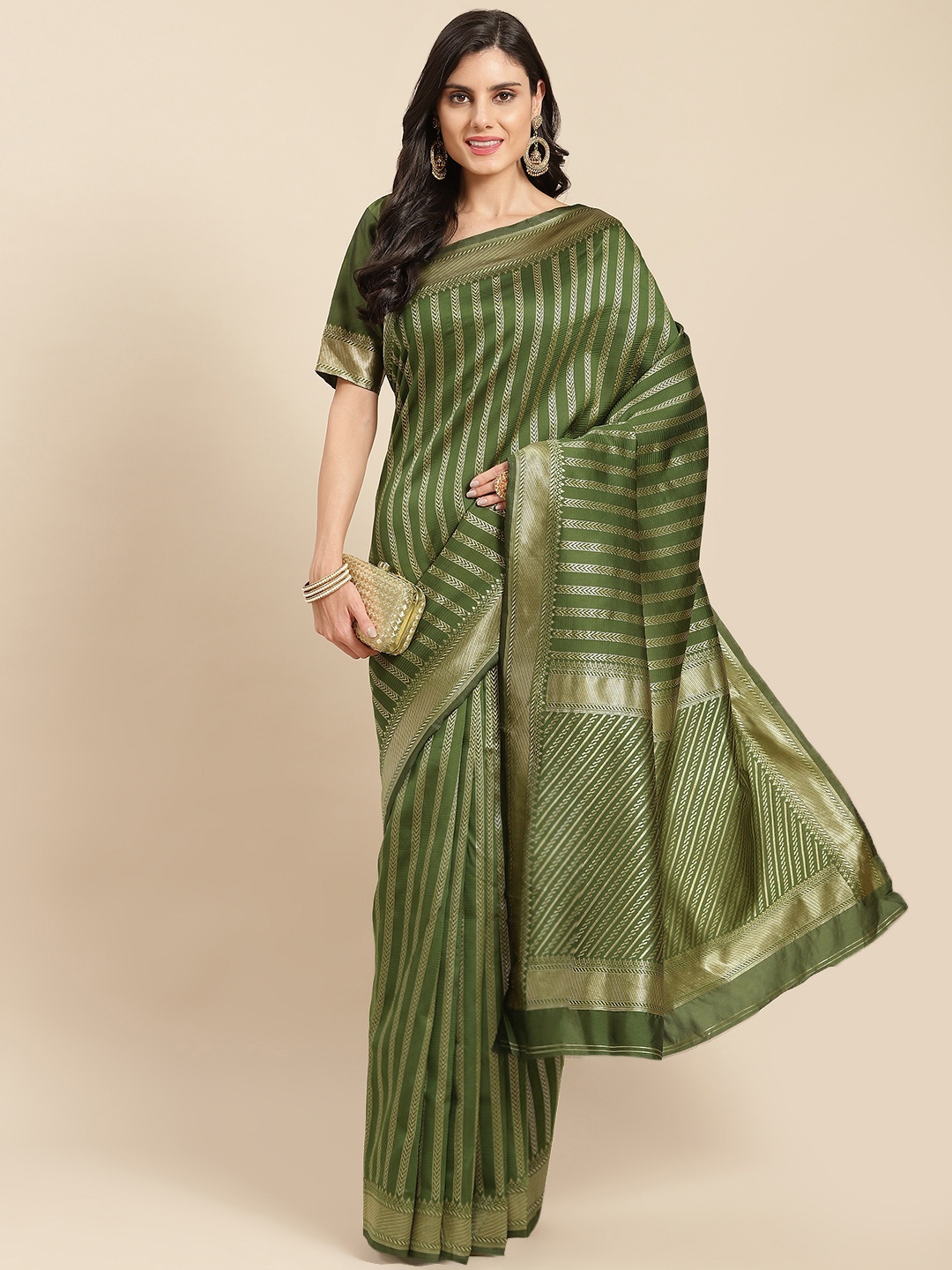 

all about you Teal & Gold-Toned Striped Zari Silk Blend Banarasi Saree