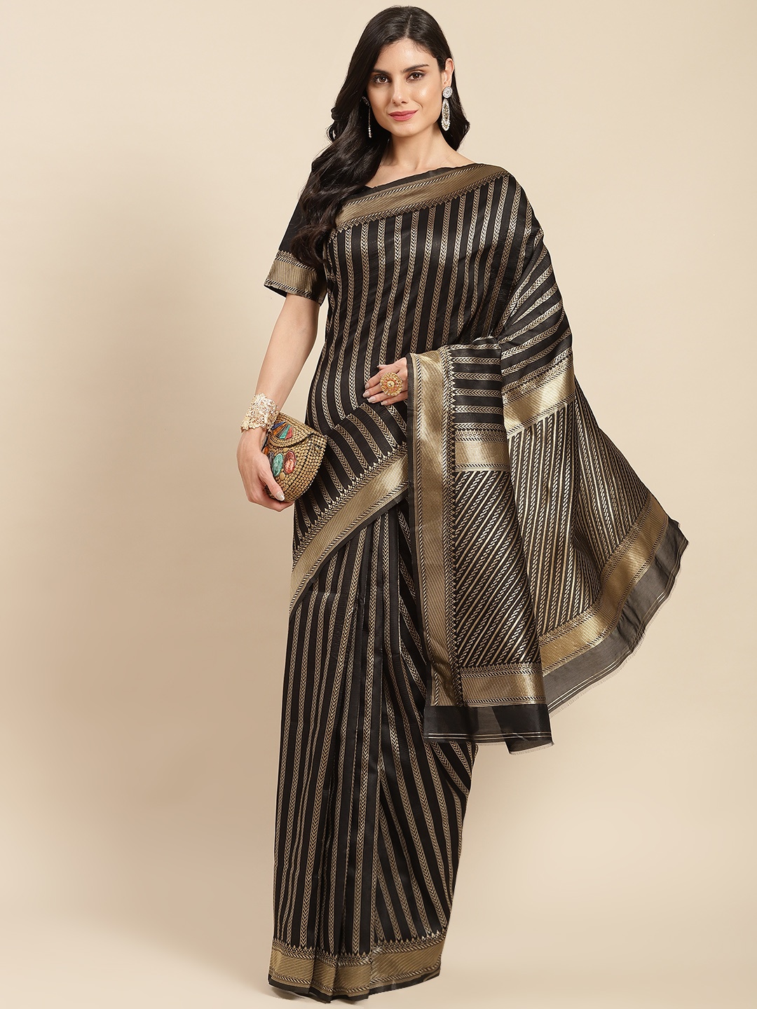 

all about you Black & Gold-Toned Striped Zari Silk Blend Banarasi Saree