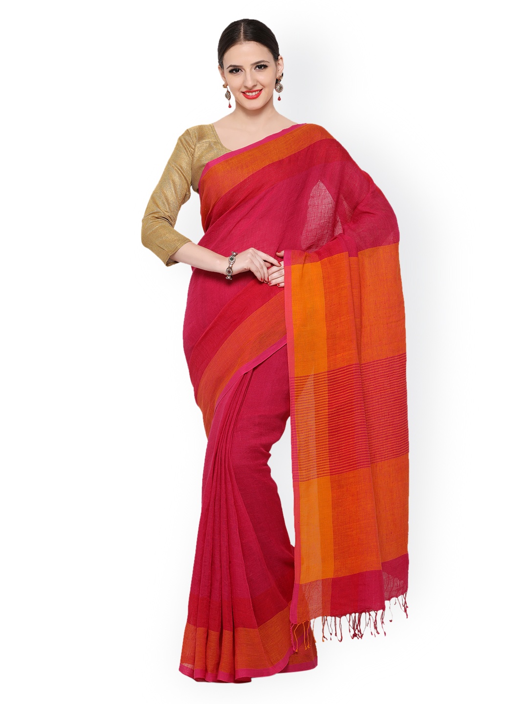

Desi Weavess Pink Cotton Linen Handloom Saree