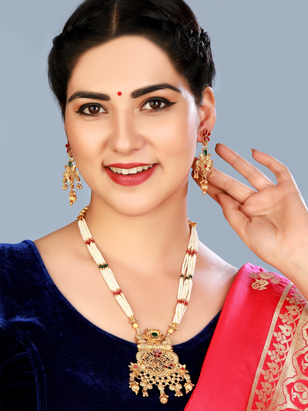 

aadita Gold-Plated Green & White Stone-Studded & Pearl Beaded Temple Jewellery Set