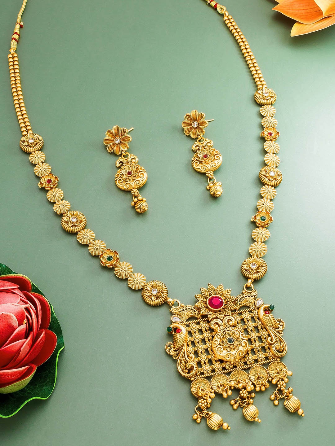 aadita Gold-Plated Pink & Green Stone-Studded Temple Jewellery Set