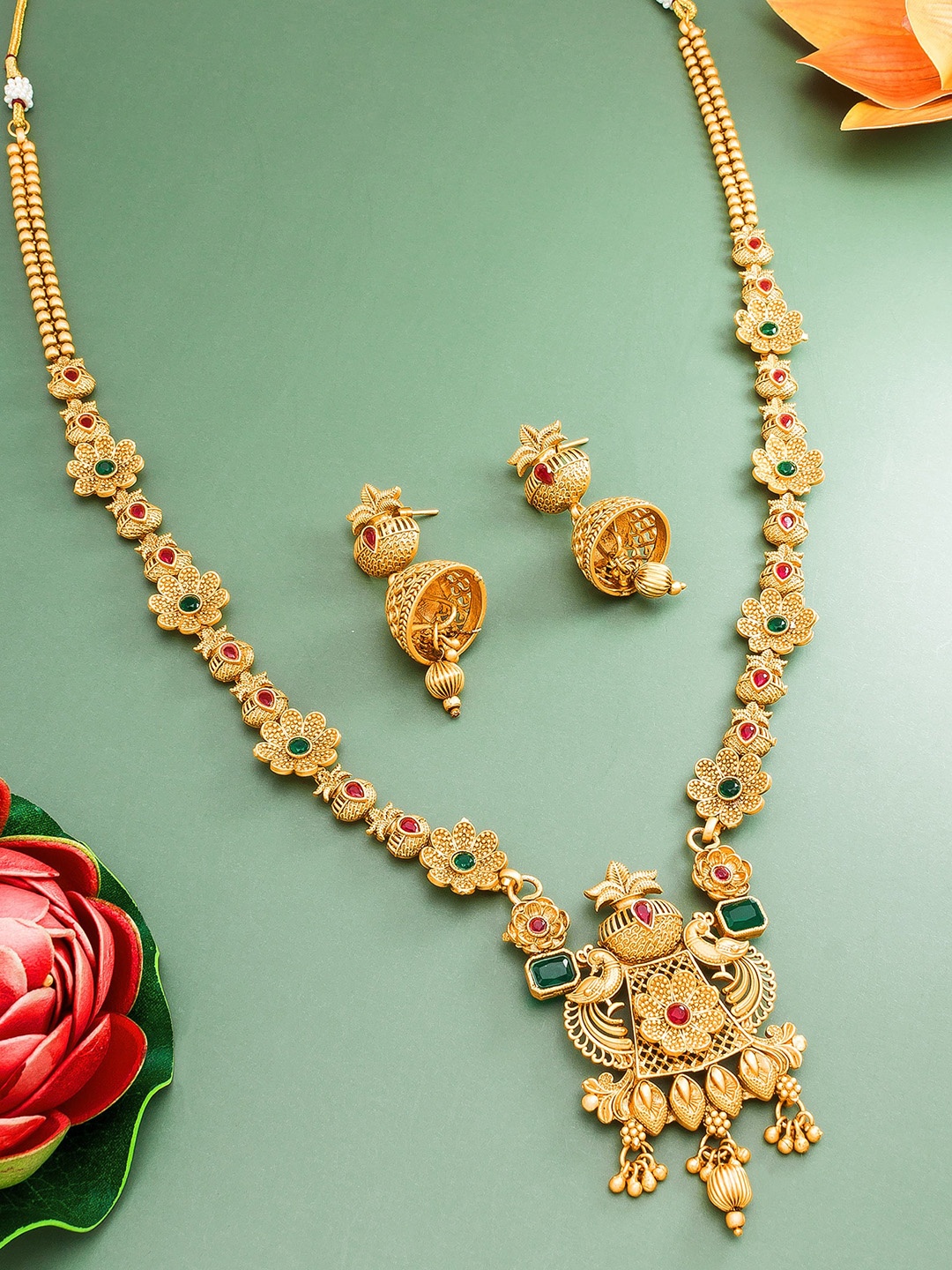 

aadita Gold-Plated Matinee Temple Jewellery Set