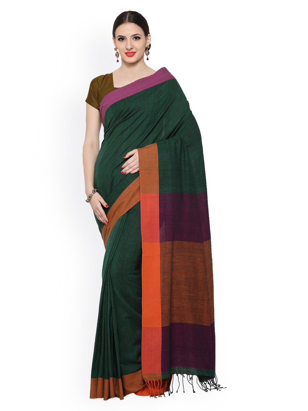 

Desi Weavess Green Handwoven Pure Cotton Solid Khadi Handloom Saree