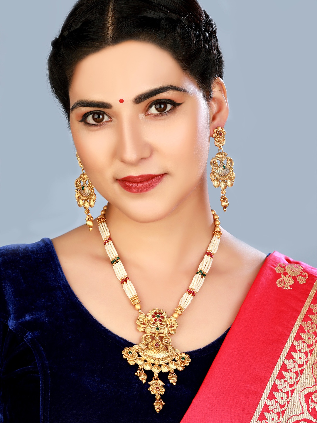 

aadita Gold Plated Multistrand Temple Jewellery Set