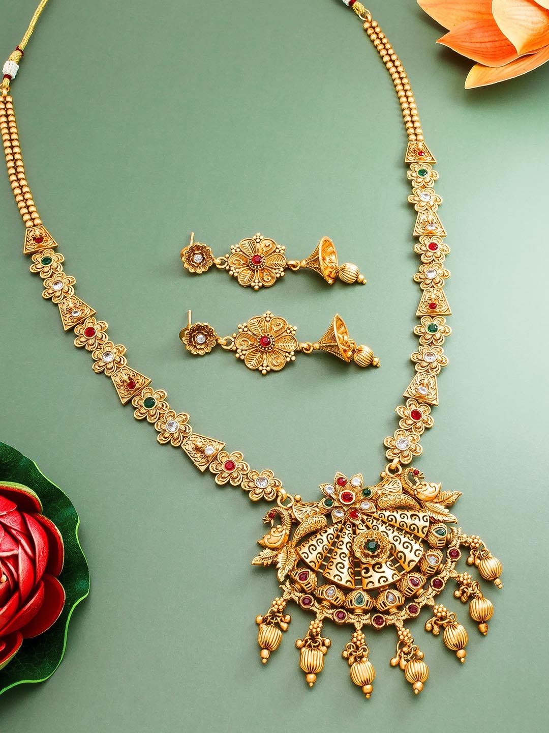 

aadita Gold-Plated Pink & Green Stone-Studded Jewellery Set