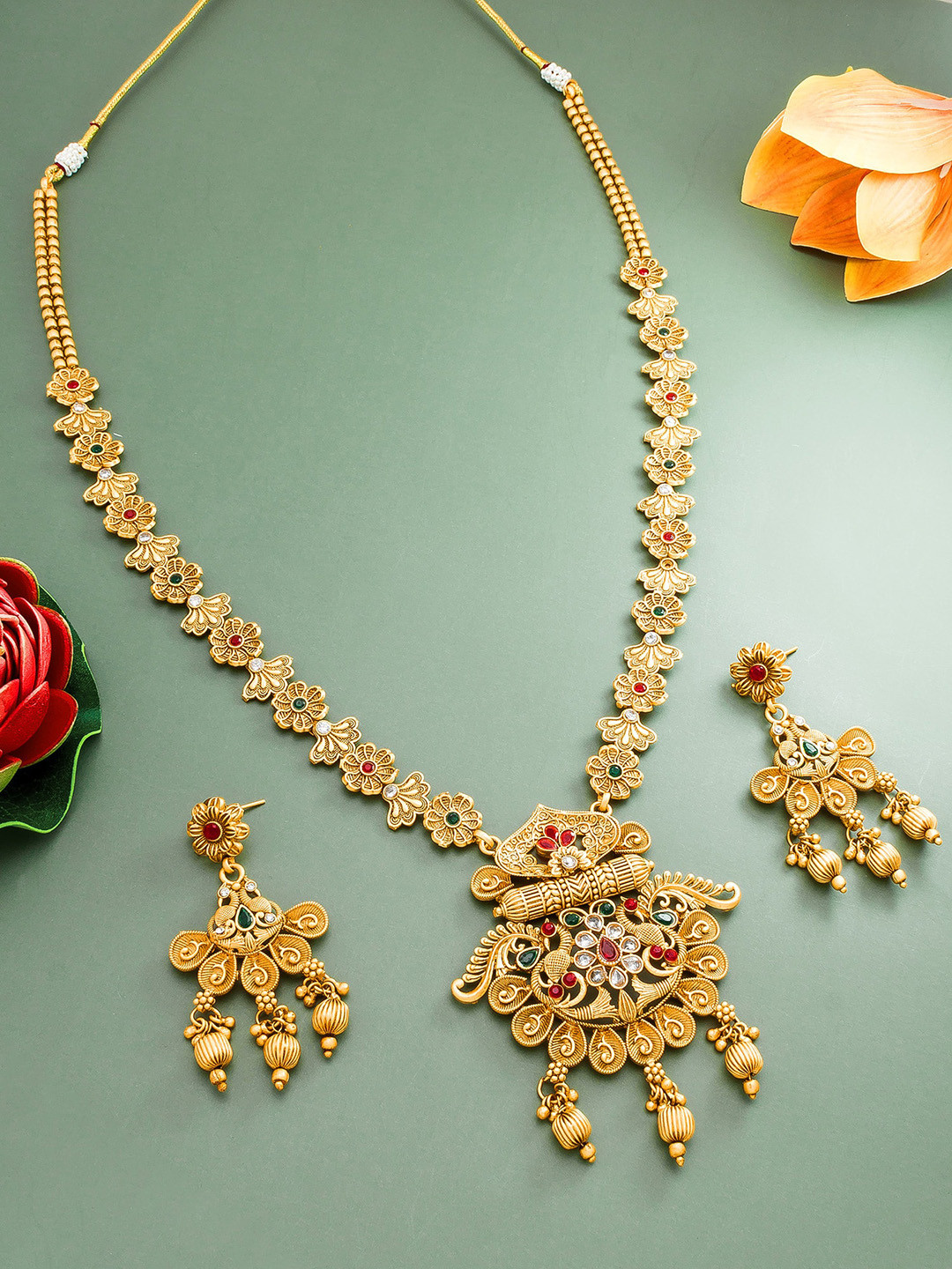

aadita Gold-Plated Red & White Stone-Studded Temple Jewellery Set