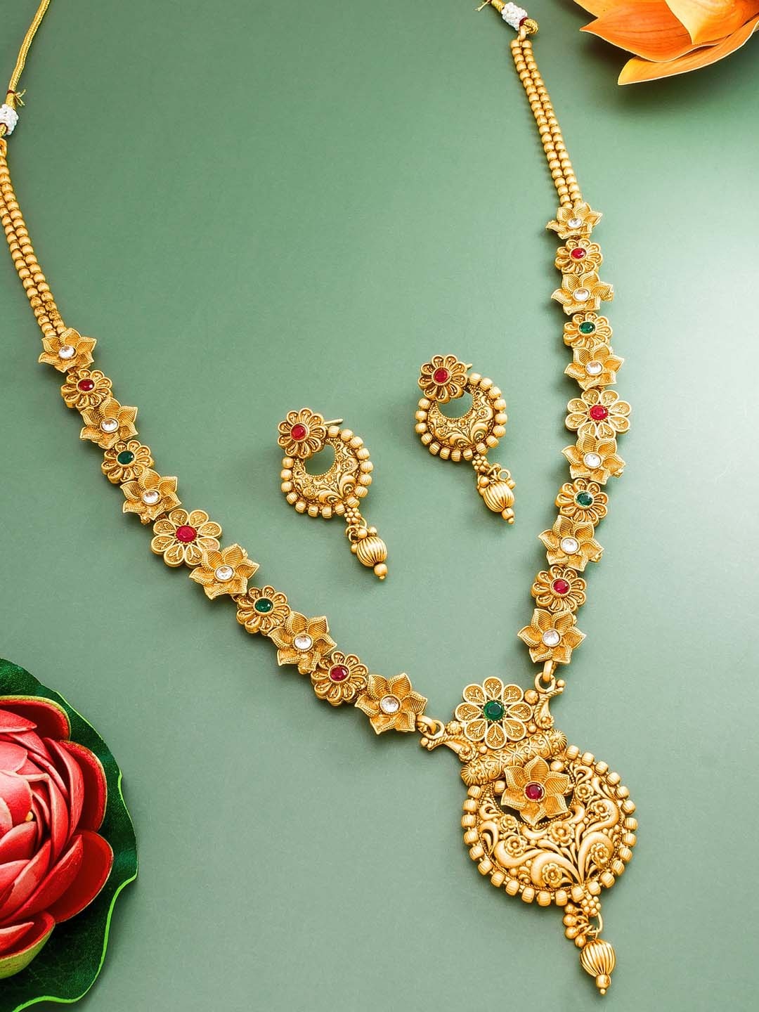

aadita Gold-Plated Matinee Temple Jewellery Set