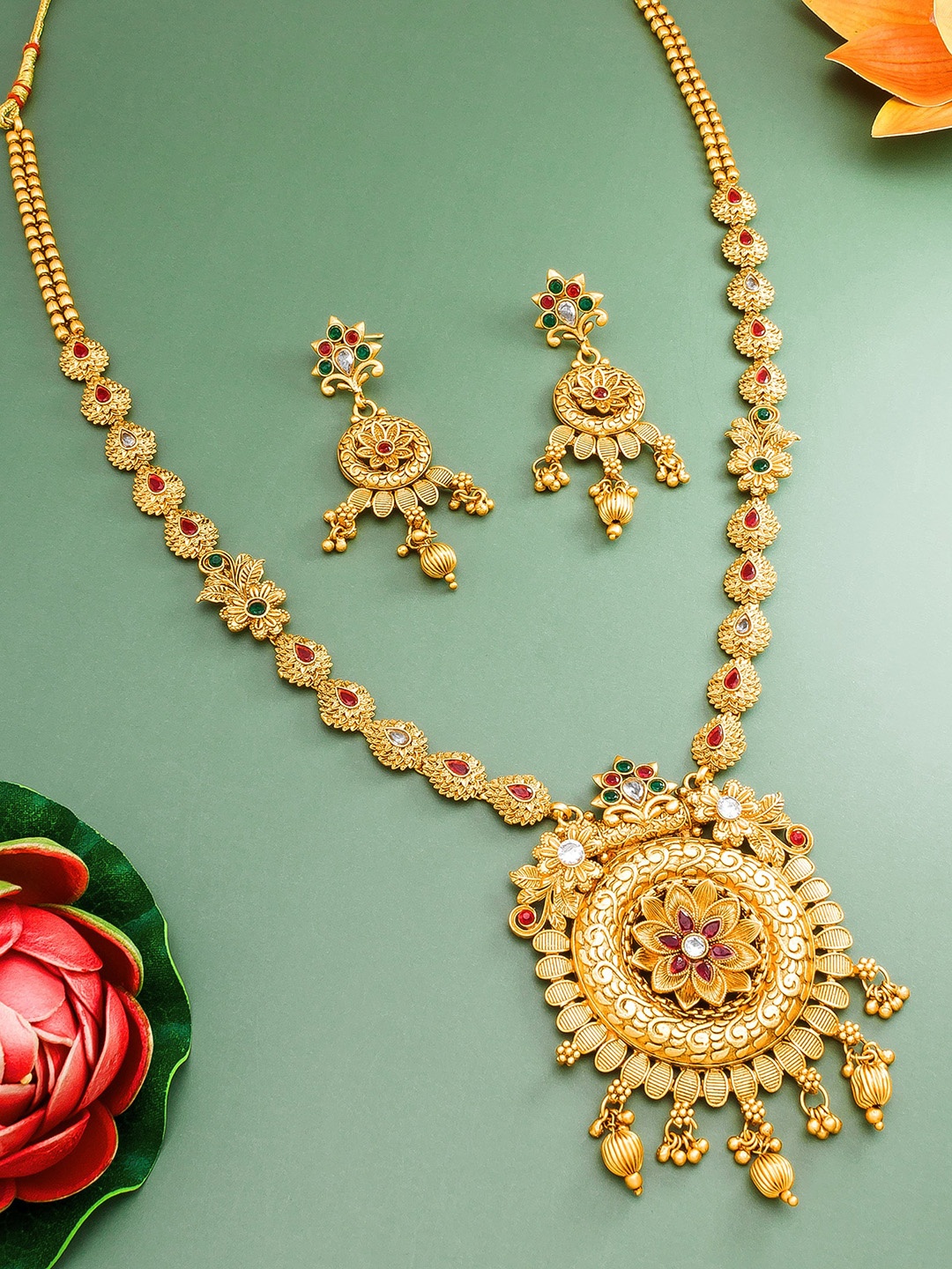 

aadita Gold Plated Necklace & Earrings Temple Jewellery Set