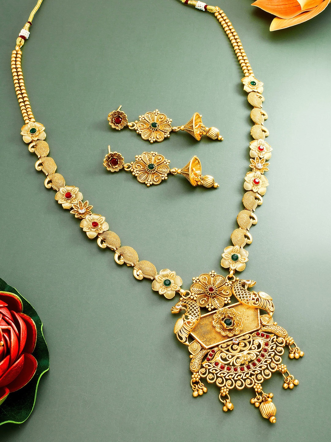 

aadita Women Gold Plated Necklace & Earrings Temple Jewelry Set