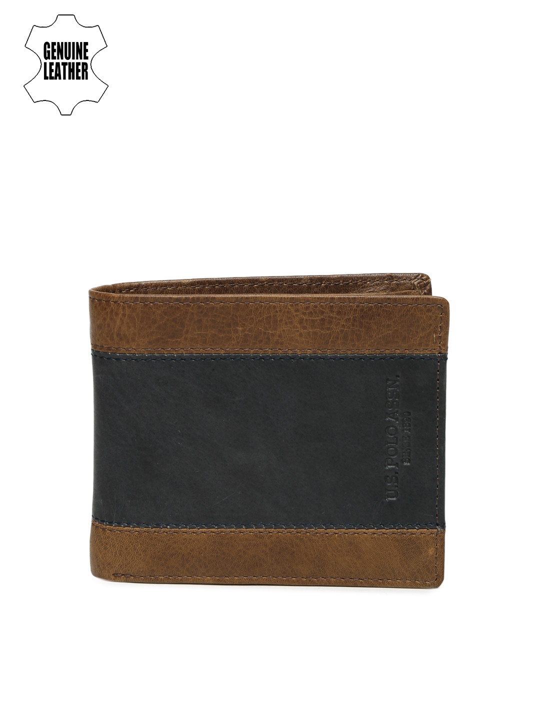 

U.S. Polo Assn. Men Brown & Navy Blue Colourblocked Genuine Leather Wallet