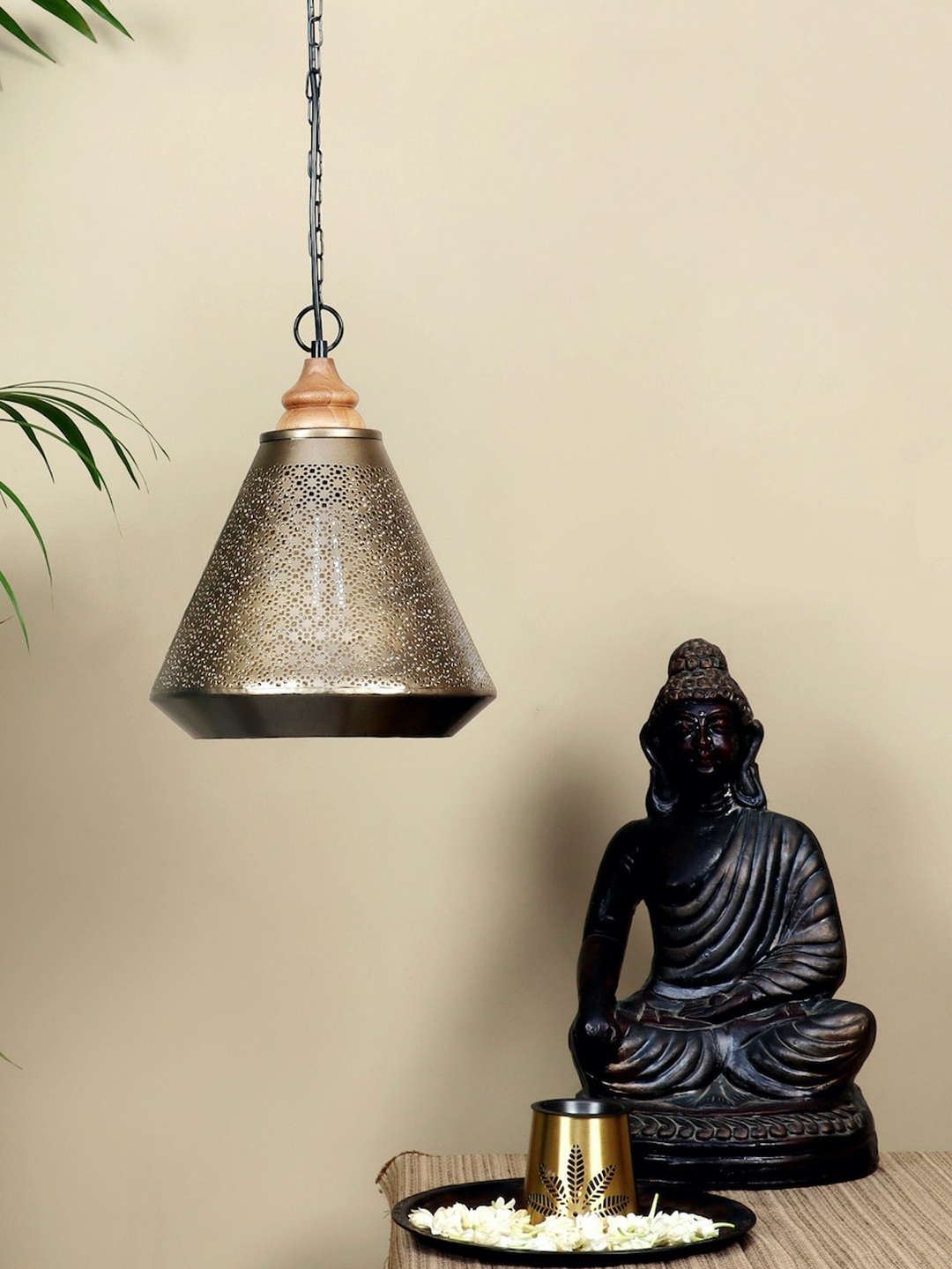 

nakshikathaa Gold-Toned Printed Mysore Hanging Lamp