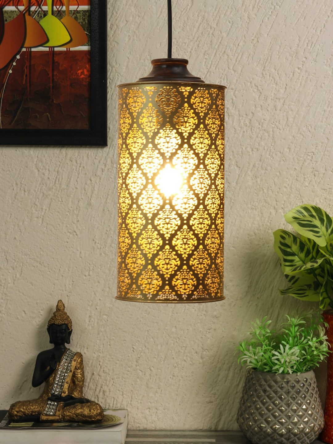 

nakshikathaa Gold-Toned Printed Hanging Lamp