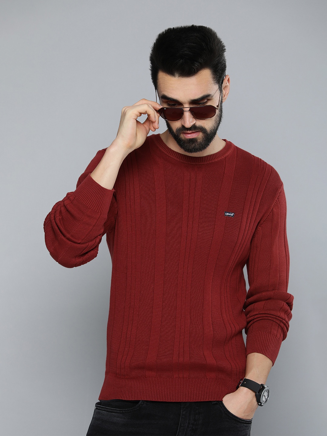 

Levis Men Rust Self-Striped Crew Neck Pullover