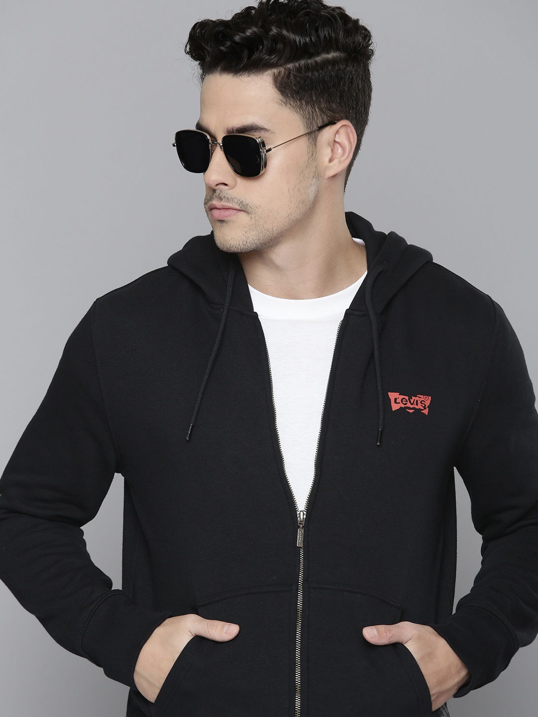 

Levis Men Brand Logo Printed Front-Open Hooded Sweatshirt, Black