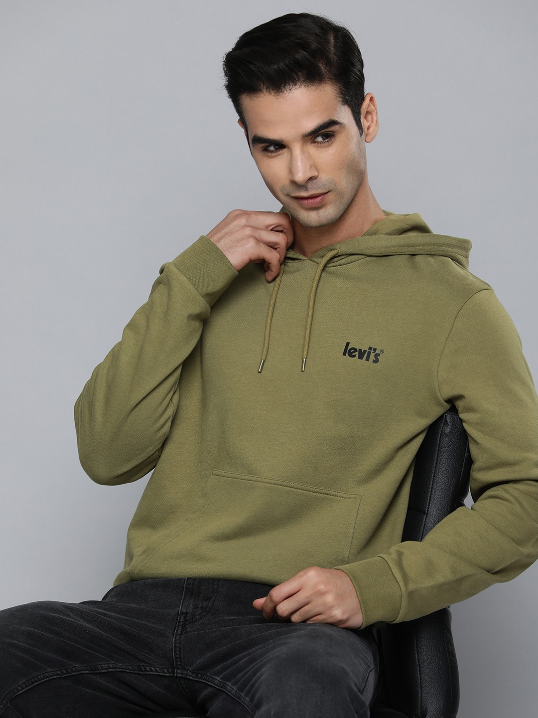 

Levis Men Olive Green Brand Logo Printed Hooded Pullover Sweatshirt