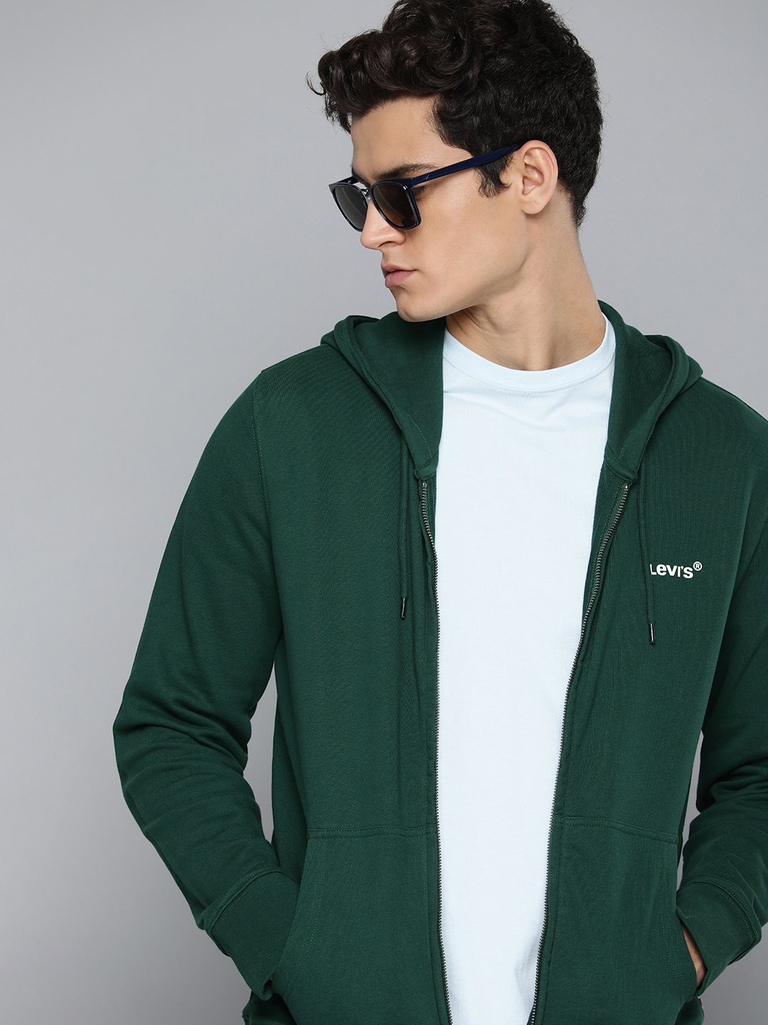 

Levis Men Dark Green Solid Hooded Open-Front Sweatshirt