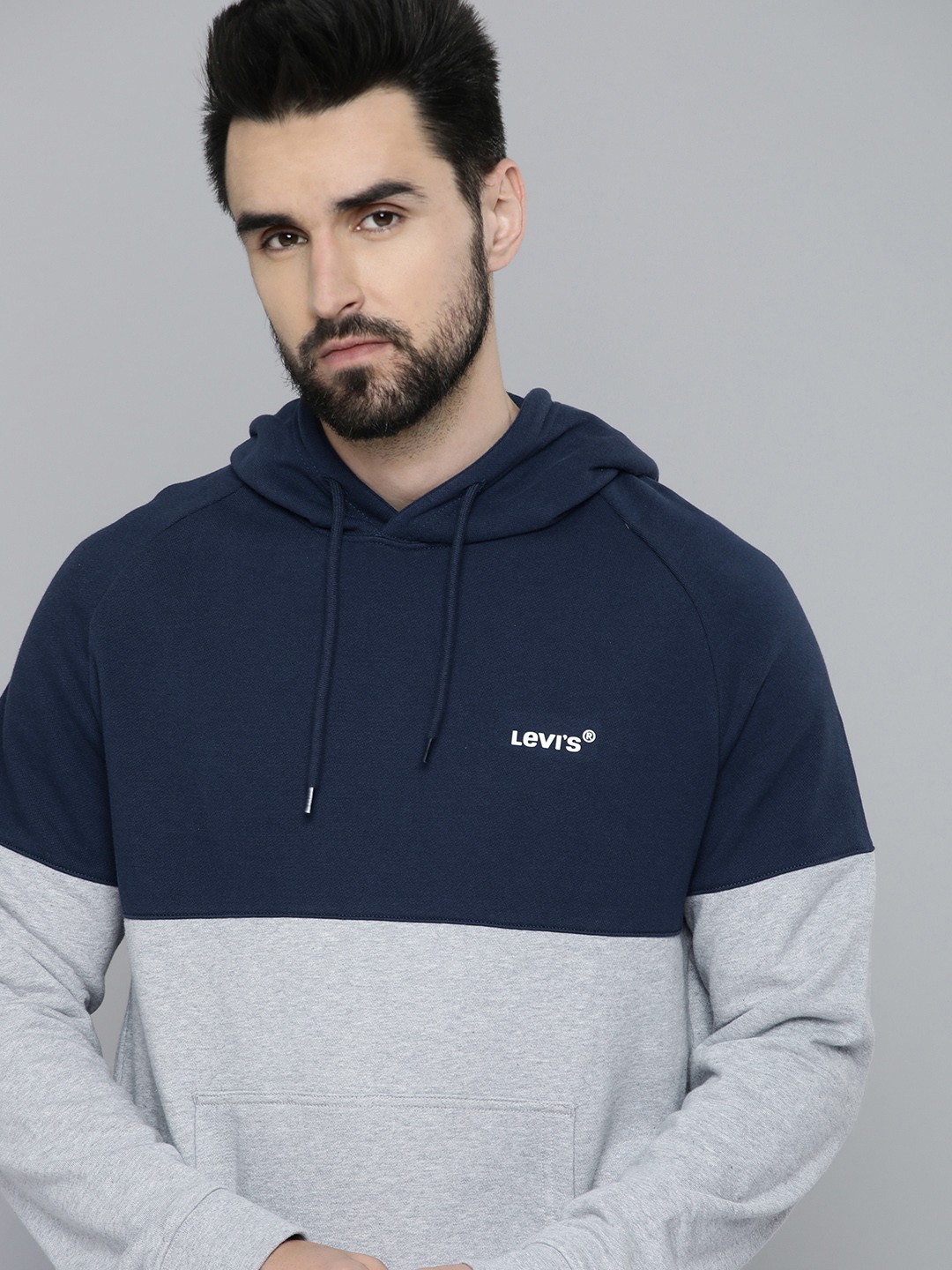 

Levis Men Grey & Blue Colourblocked Pure Cotton Hooded Sweatshirt