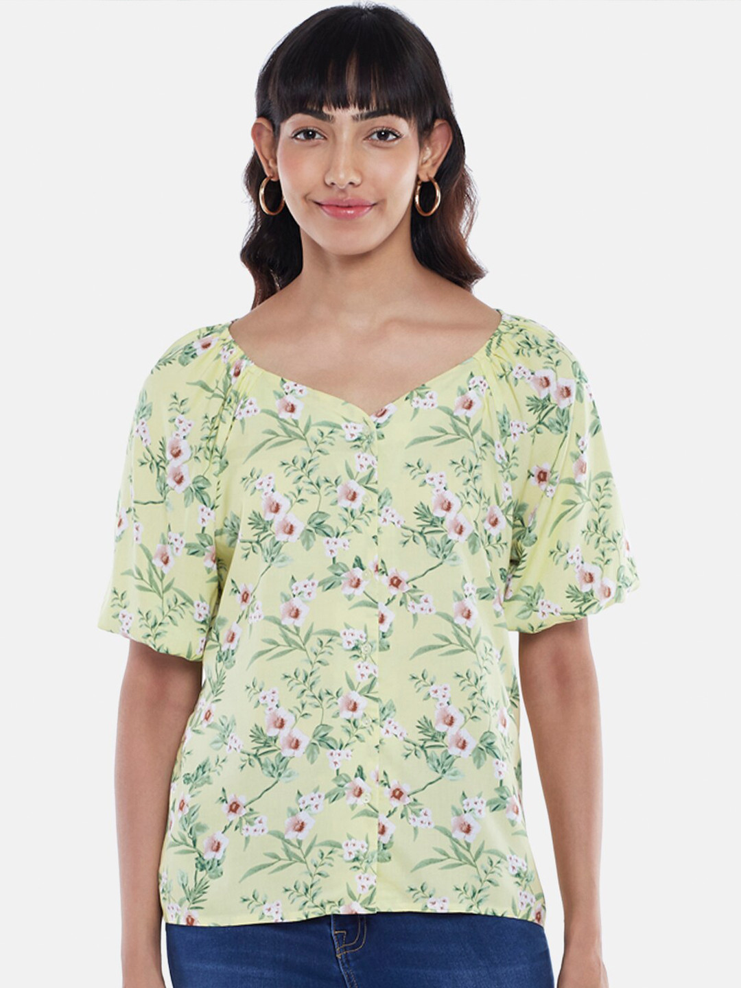 

Honey by Pantaloons Yellow & asparagus green Floral Print Top