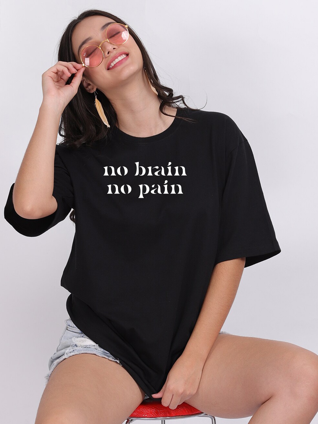 

Mad Over Print Women No Brain Oversized T-shirt, Black