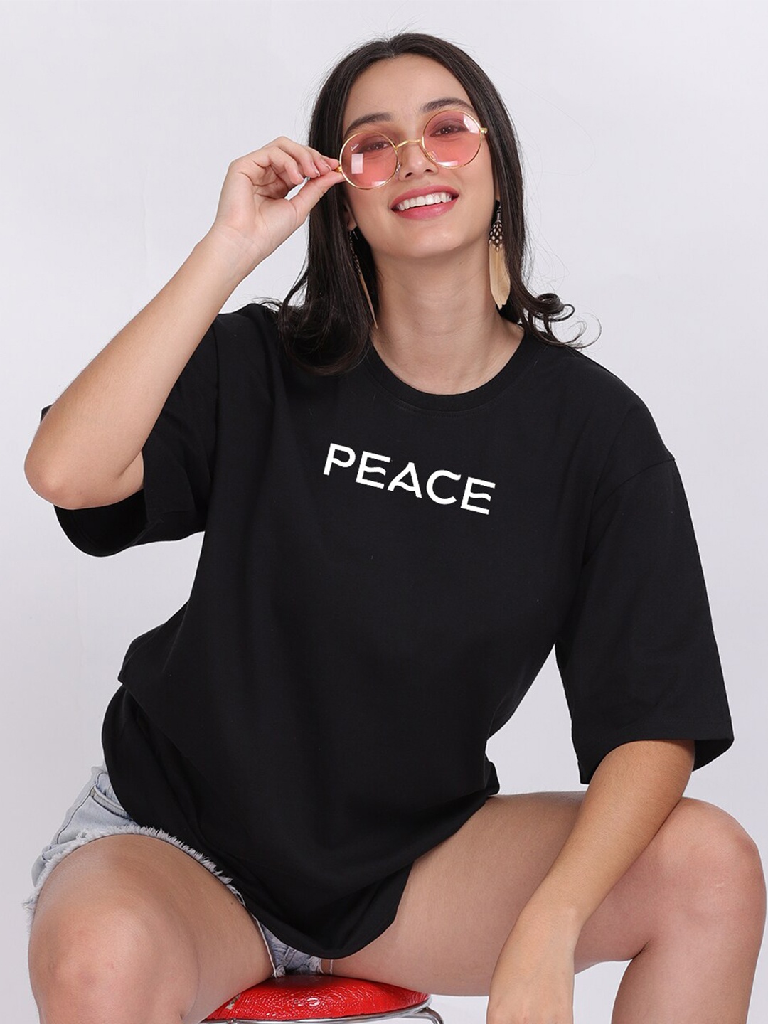 

Mad Over Print Women Black Peace Oversized T-shirt