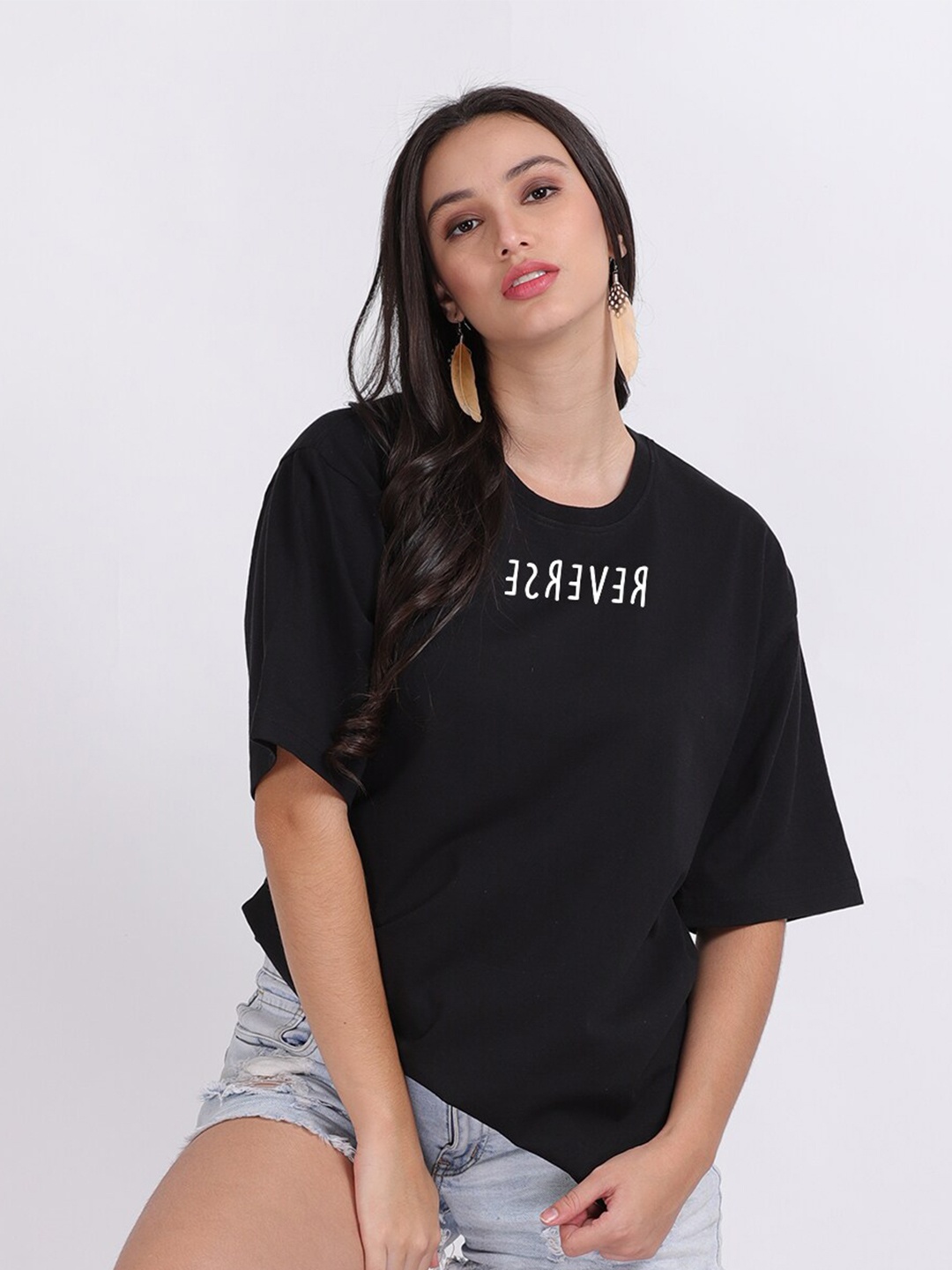 

Mad Over Print Women Black Reverse Oversized T-shirt