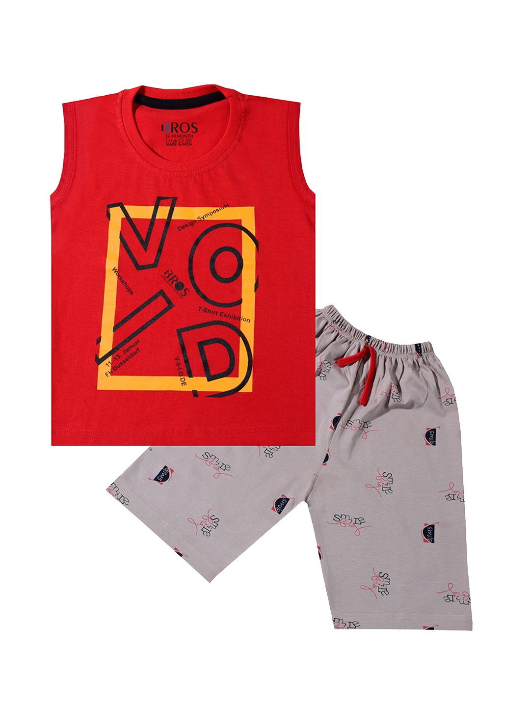 

3BROS Unisex Kids Red & Grey Printed T-shirt with Capris