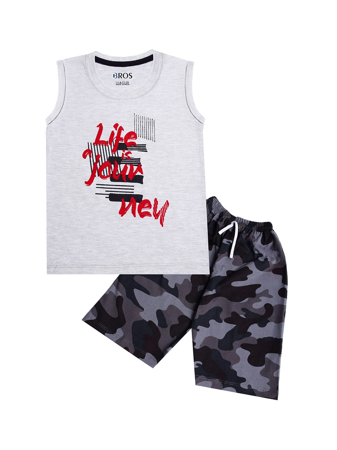 

3BROS Unisex Kids Off White & Grey Printed T-shirt with Capris