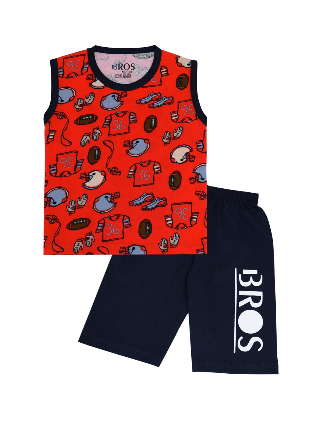 

3BROS Unisex Kids Red & Black Printed T-shirt with Shorts