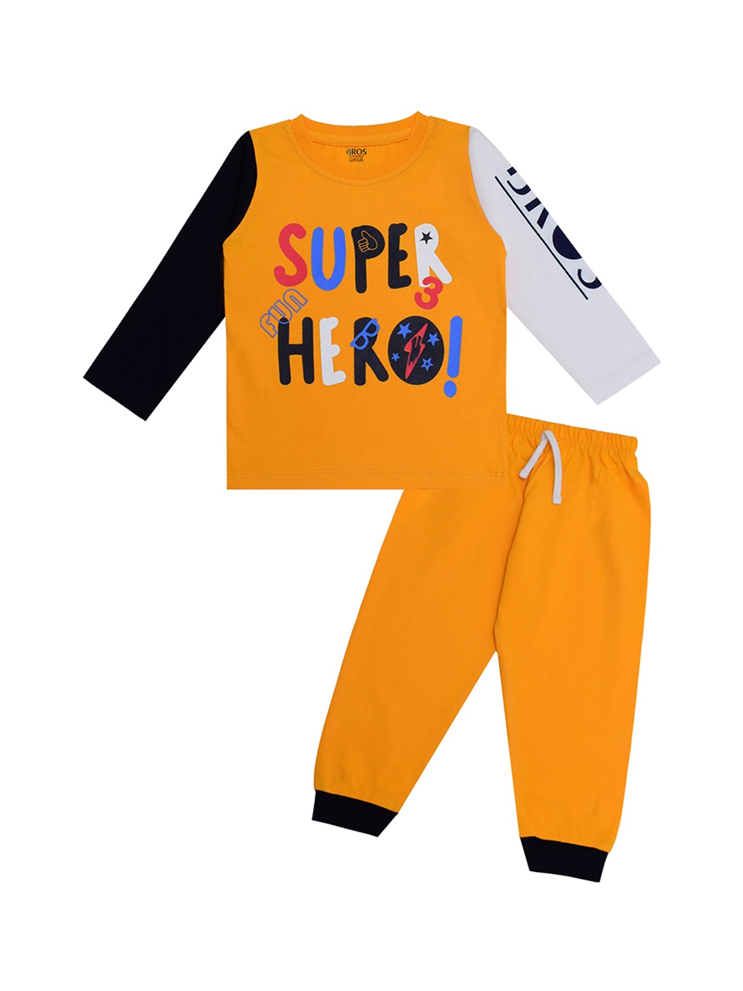

3BROS Unisex Kids Mustard Yellow & Black Printed T-shirt with Pyjamas