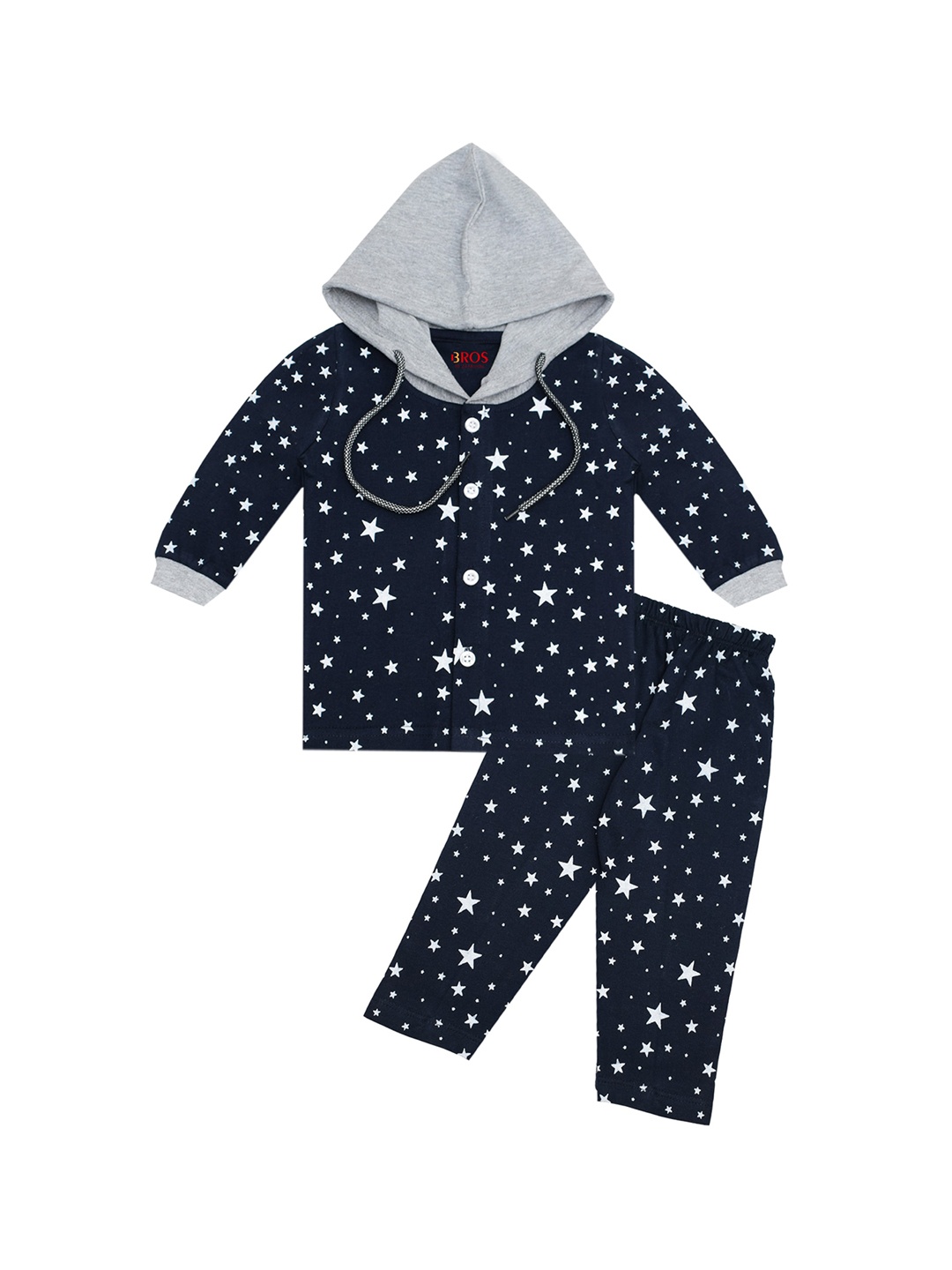 

3BROS Unisex Kids Navy Blue & Grey Printed Hooded T-shirt with Pyjamas