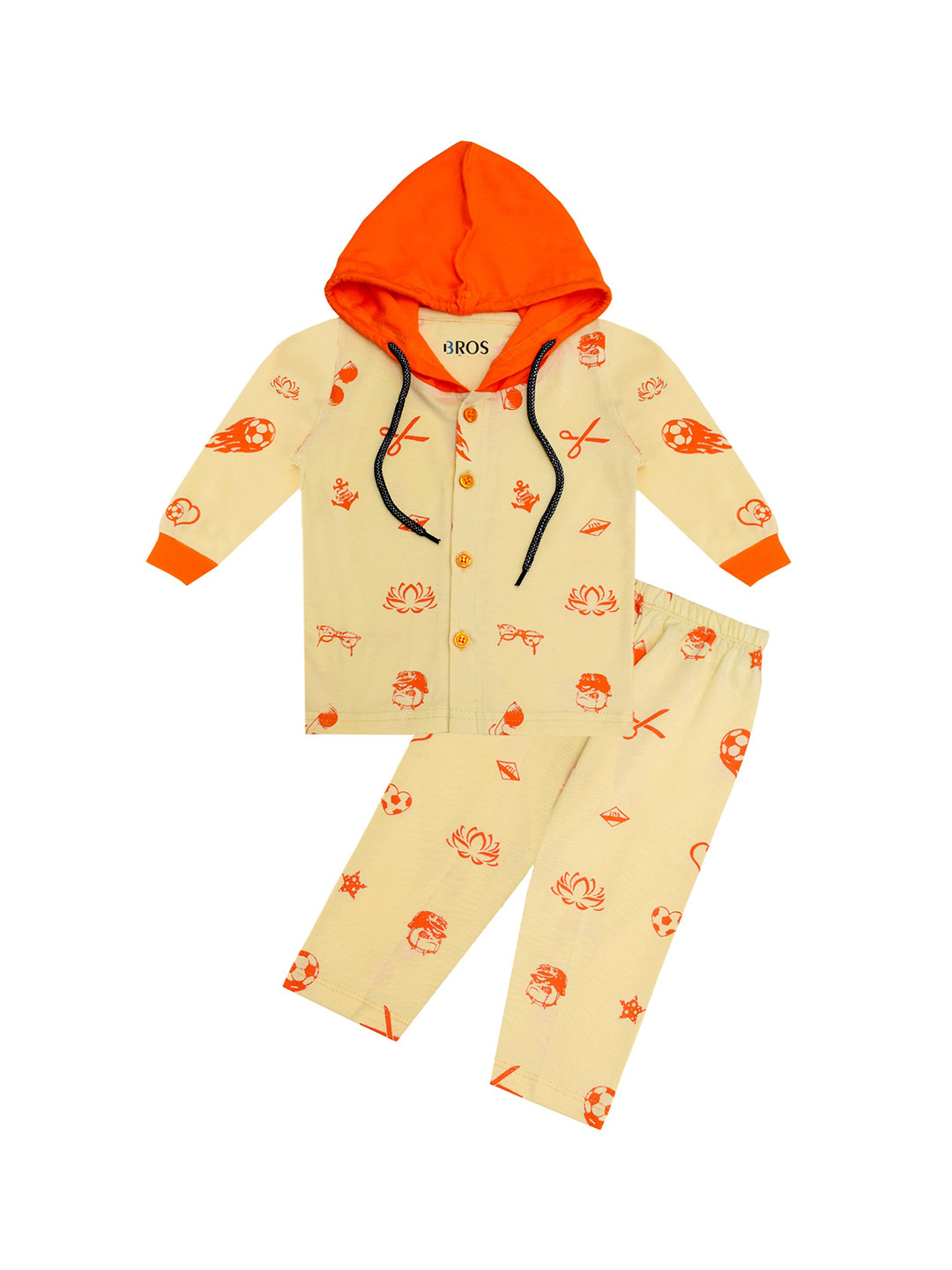 

3BROS Unisex Kids Cream Casual Printed Full Sleeves Hooded Neck T-shirt & Full Pyjama