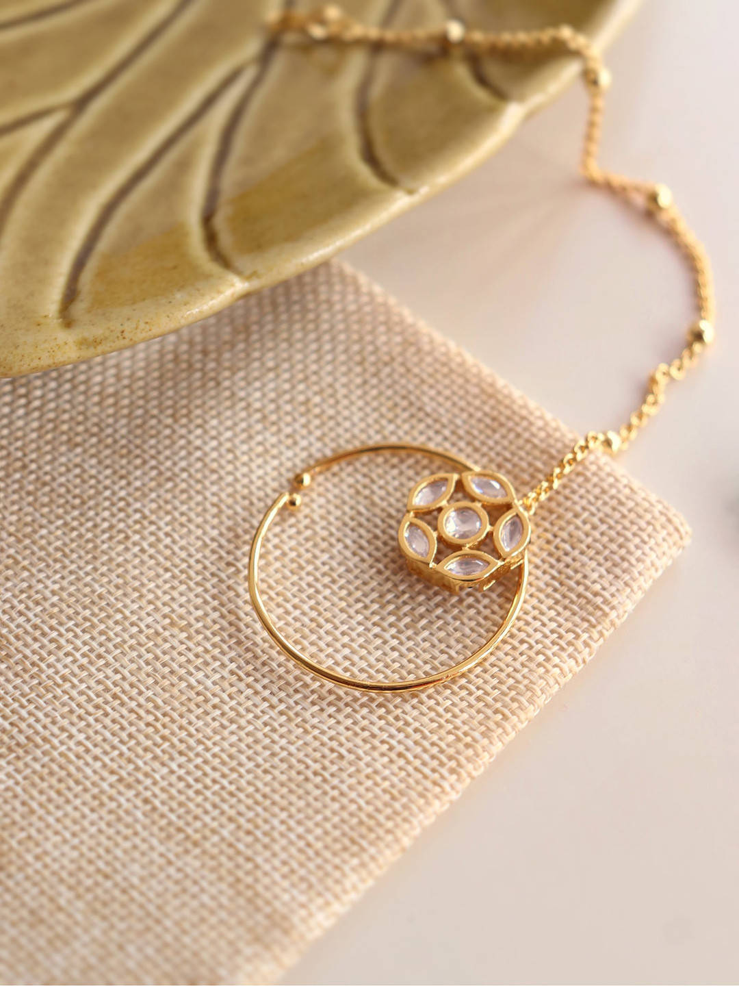 

CURIO COTTAGE Gold-Plated Red Kundan Enamelled Nose Ring With Chain