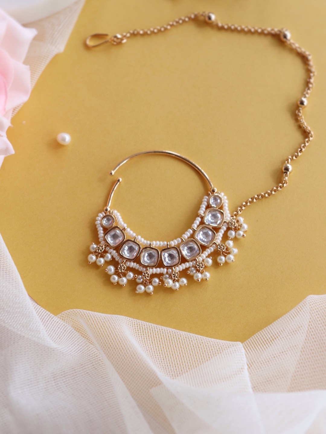 

CURIO COTTAGE Gold-Plated & White Kundan Studded & Pearl Beaded Nosepin
